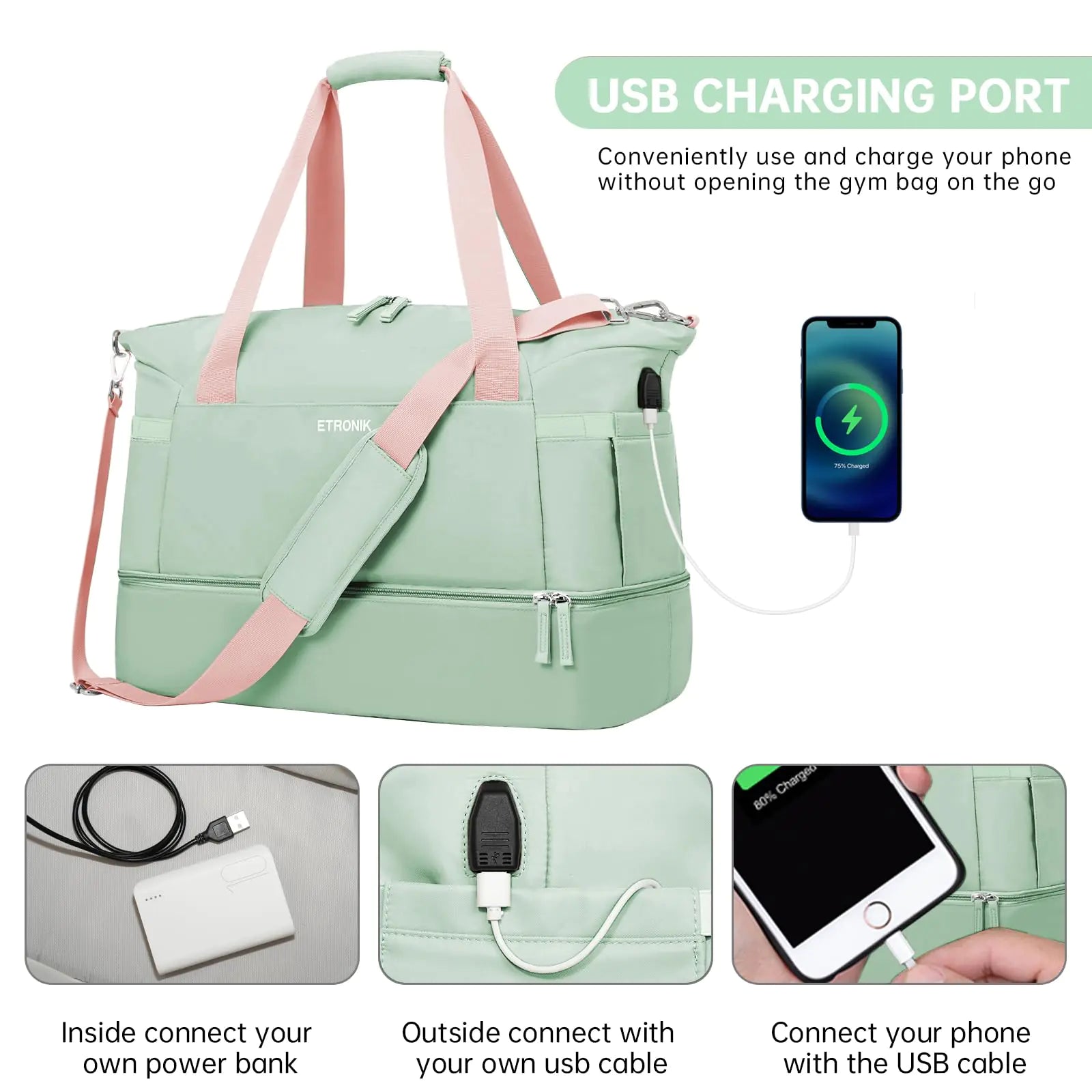 ETRONIK Gym Bag for Women, Travel Duffel Bag with USB Charging Port, Weekender Overnight Bag with Wet Pocket & Shoes Compartment for Women, Travel, Gym, Yoga (Green Pink) Medium Pink Green